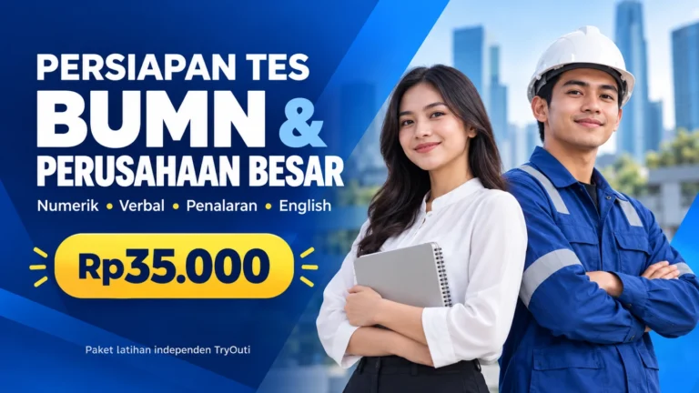 Paket latihan tes BUMN dan perusahaan besar TryOuti Rp35.000 dengan numerik, verbal, penalaran dan English