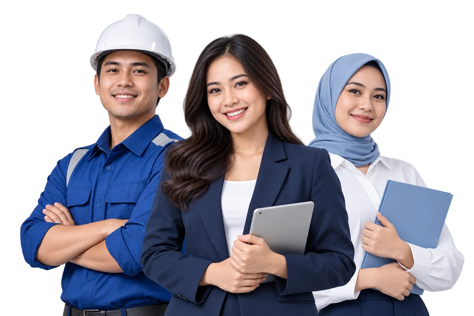 Ilustrasi tiga profesional Indonesia dari bidang perkantoran dan teknik, bukan pegawai perusahaan tertentu
